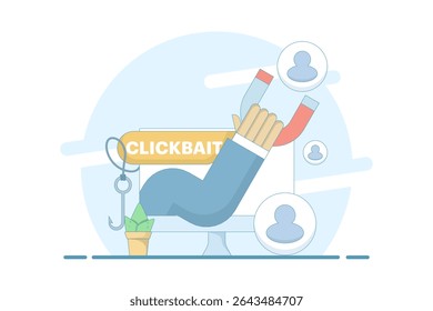 Clickbait concept. strategies to grab viewers' attention. magnetic illustrations that attract users, clicks, engagement, and traffic. strategies to grab viewers' attention. flat design.