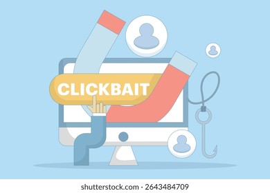 Clickbait concept. strategies to grab viewers' attention. magnetic illustrations that attract users, clicks, engagement, and traffic. strategies to grab viewers' attention. flat design.
