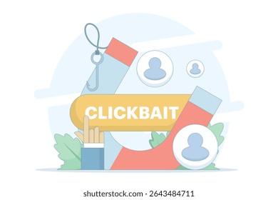Clickbait concept. strategies to grab viewers' attention. magnetic illustrations that attract users, clicks, engagement, and traffic. strategies to grab viewers' attention. flat design.