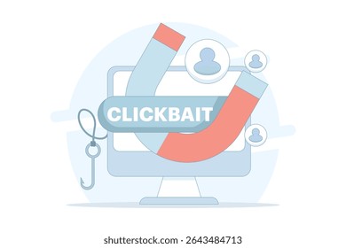 Clickbait concept. strategies to grab viewers' attention. magnetic illustrations that attract users, clicks, engagement, and traffic. strategies to grab viewers' attention. flat design.