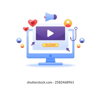 clickbait concept. strategy to attract the attention of viewers or readers with promising titles or content. illustration of a computer monitor with click buttons, videos, and hooks. flat style design