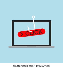 Clickbait. Laptop with fishing hook and the button on the screen Click. Vector illustration.