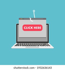 Clickbait. Laptop with fishing hook and the button on the screen Click Here. Vector illustration.