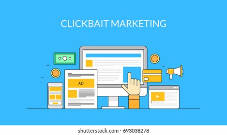 Clickbait marketing, internet content marketing, web page advertising, hand pressing banner flat line vector illustration with icons