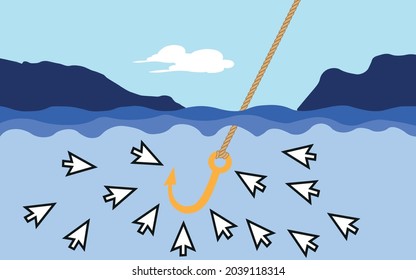 Clickbait mouse pointers like fish surround fishing hook in ocean baiting for views internet vector art