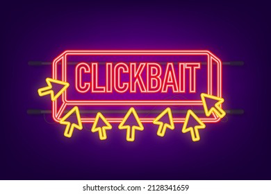 Clickbait red button. Hand click neon icon symbol. Cursor arrows, push button. Vector stock illustration.