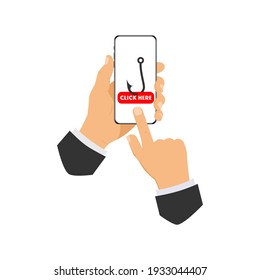 Clickbait. Smartphone with fishing hook and the button on the screen Click Here. Vector illustration.