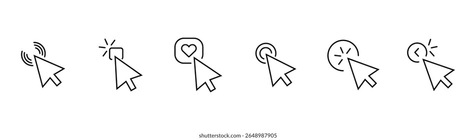 Clicking arrows icons set. Click icons with arrows. Like us button icons. Press the button symbols.