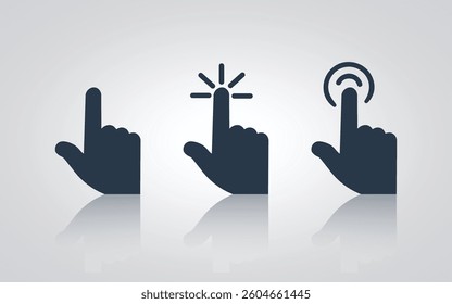 Clicking  and browsing gesture hand signs, Hand gesture icons with a silver abstract background
