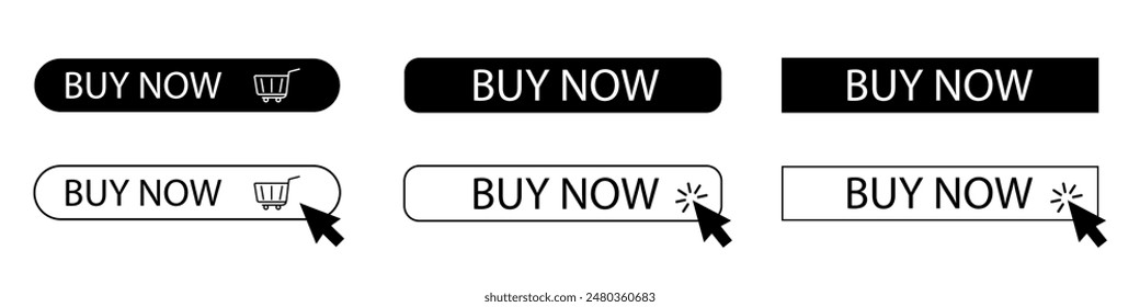 Clicking buy button icon set. Buy now button. Click and cursor to buy. Vector illustration
