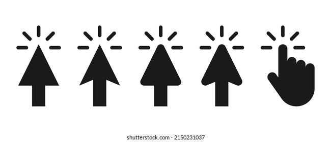 Clicking cursor icon. Arrow cursor in black. Arrow pointer icon set. Click cursor symbol. Stock vector illustration