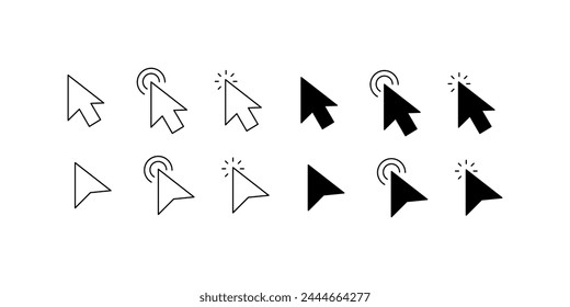 Hacer clic en los iconos del cursor. Lineal, cursor con conjunto de pulsaciones. Iconos vectoriales