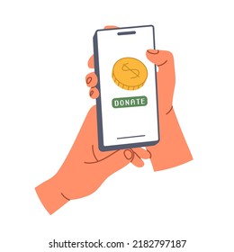 Clicking Donate Button On Phone Screen In Mobile Donation App. Charitable Organization. Online Help Concept. Money And Financial Concepts. Isolated Flat Vector Illustration 