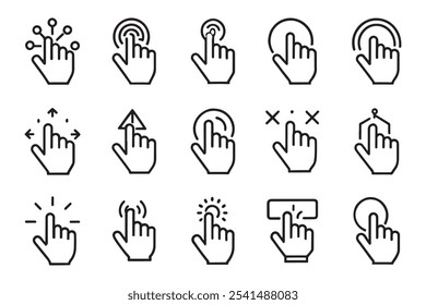 Clicking finger. Pixel cursor or computer mouse pointer related editable stroke outline icon set isolated flat vector illustration white background