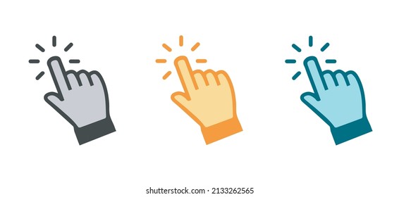Clicking finger vector icon, hand touchscreen, hand pointer icon on white background in three different color concepts.