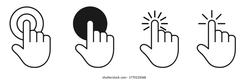 Clicking hand with finger, forefinger icon. Hand mouse pointer cursor. Click symbols. Choose, pick, select sign. Choice, selection symbol. Vector illustration