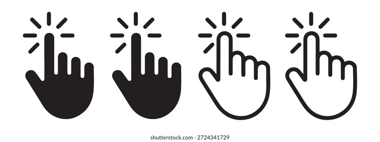 Haga clic en conjunto de iconos de mano. Colección del puntero del Hacer clic del ratón. Símbolo de pantalla táctil. Signo de cursor de Internet.