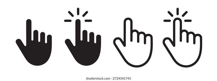 Haga clic en conjunto de iconos de mano. Colección del puntero del Hacer clic del ratón. Símbolo de pantalla táctil. Signo de cursor de Internet.