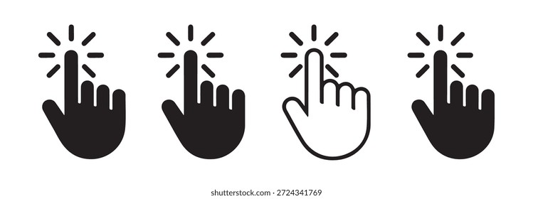 Haga clic en conjunto de iconos de mano. Colección del puntero del Hacer clic del ratón. Símbolo de pantalla táctil. Signo de cursor de Internet.