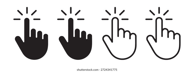 Haga clic en conjunto de iconos de mano. Colección del puntero del Hacer clic del ratón. Símbolo de pantalla táctil. Signo de cursor de Internet.