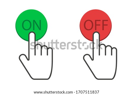Clicking hand on and off buttons in red and green colors. Finger touching on power button. Turn off and on isolated icons. Vector EPS 10.