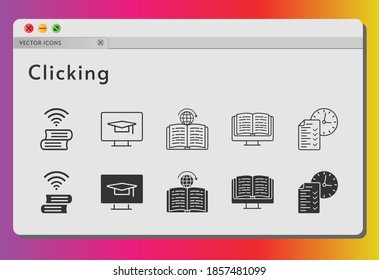 clicking icon set. included ebook, test, book, learning, student-desktop icons on white background. linear, filled styles.
