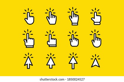 Clicking icons collections. Hand and arrow click icon. Cursor set.