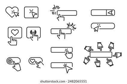 Clicking icons. Like buttons. Click hands icon set. Clicking arrows symbols. Cursors signs collection. Follow us button. Subscribe button.