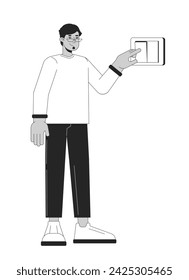 Clicking light switch black and white cartoon flat illustration. Arab adult guy 2D lineart character isolated. Reduce carbon footprint. Energy conservation at home monochrome vector outline image