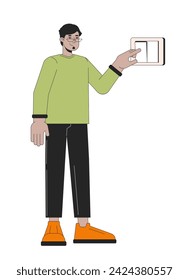 Clicking light switch line cartoon flat illustration. Arab adult guy 2D lineart character isolated on white background. Reduce carbon footprint. Energy conservation at home scene vector color image