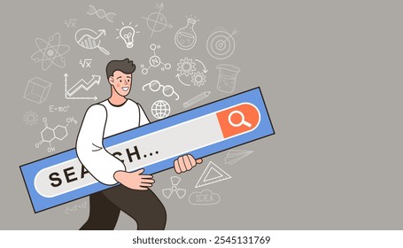 clicking on browser search icon. Searching for information concept. Modern technologies. Web design, data analyst. A metaphor for finding solutions for business. Vector outline flat illustration.