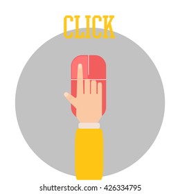 Clicking on a computer mouse . Bright flat vector illustration. Click. Hand clicks on the button
