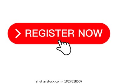 Clicking on the register now button, button with an arrow, registration for services. Sign up now banner, key, push button. Vector illustration with a click on a button and a cursor.