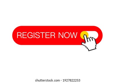Clicking on the register now button, button with an arrow, registration for services. Sign up now banner, key, push button. Vector illustration with a click on a button and a cursor.