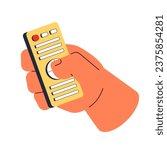 Clicking remote control device cartoon character hand illustration. Pressing buttons on tv remote controller 2D vector image isolated on white background. Change channels editable flat clipart color