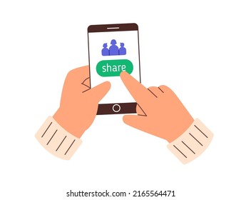 Clicking Share Button On Phone Screen In Mobile Donation App. Hands Holding Smartphone, Donating Using Charity Application. Online Help Concept. Flat Vector Illustration Isolated On White Background