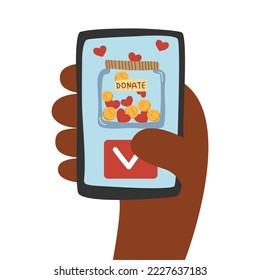 Clicking Share button on phone screen in mobile donation app. Hands holding smartphone, donating using charity application. Online help concept. Flat vector illustration isolated on white background
