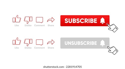 Clicking Subscribe Button, Like, Comment and Share. Icon Set of Channel Subscriptions. Flat icons template. Marketing. Social media concept. Vector illustration.