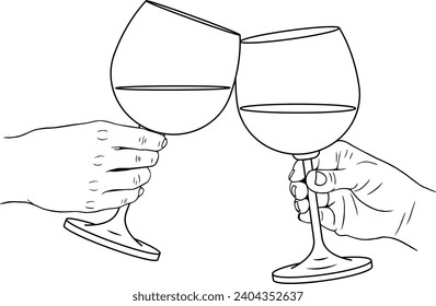 Clicking with wine or champagne glasses, vector linear illustration