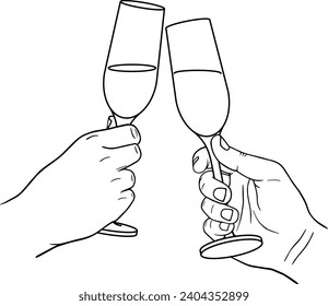 Clicking with wine or champagne glasses, vector linear illustration