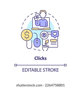 Clicks concept icon. Tracking activity on page. Social media advertising metric abstract idea thin line illustration. Isolated outline drawing. Editable stroke. Arial, Myriad Pro-Bold fonts used