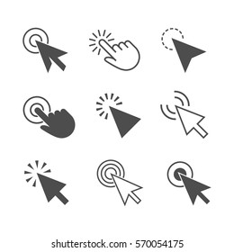 Clicks cursor or pointer vector icon set. Press or click the button, link, or "here". Click arrow and hand with a finger. 