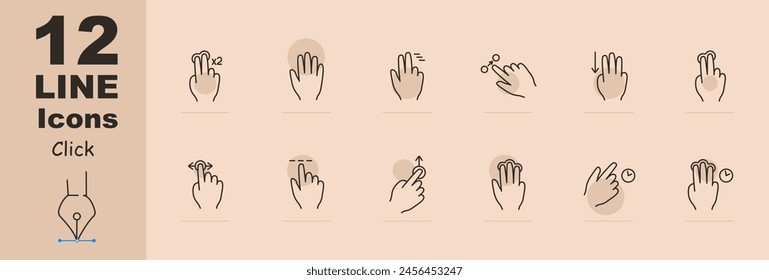 Clicks set icon. Double click, palm, hand, swipe, move object, scroll down with three fingers, hold, move up, pinch with three fingers, hold, delay with three fingers. Gestures concept.
