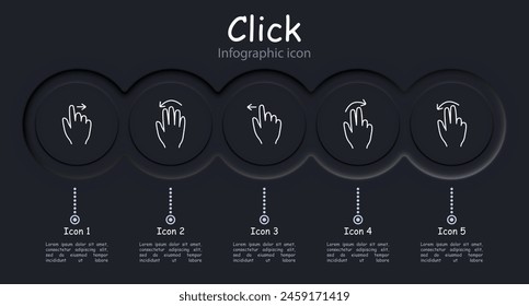 Clicks set icon. Double click, palm, hand, swipe, move object, scroll down with three fingers, hold, move up, pinch with three fingers, hold, infographic, delay with three fingers. Gestures concept.