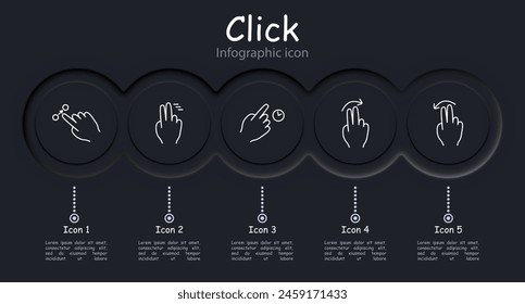 Clicks set icon. Double click, palm, hand, swipe, move object, scroll down with three fingers, hold, move up, pinch with three fingers, hold, infographic, delay with three fingers. Gestures concept.