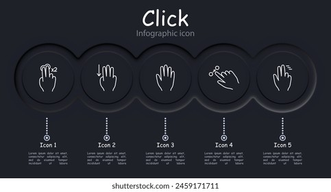 Clicks set icon. Double click, palm, hand, swipe, move object, scroll down with three fingers, hold, move up, pinch with three fingers, hold, infographic, delay with three fingers. Gestures concept.