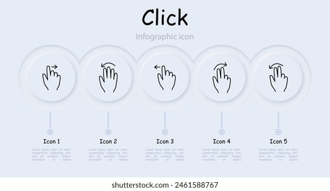 Clicks set icon. Double click, palm, hand, swipe, move object, scroll down with three fingers, hold, move up, pinch with three fingers, hold, infographic, delay with three fingers. Gestures concept.