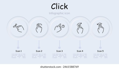 Clicks set icon. Double click, palm, hand, swipe, move object, scroll down with three fingers, hold, move up, pinch with three fingers, hold, infographic, delay with three fingers. Gestures concept.