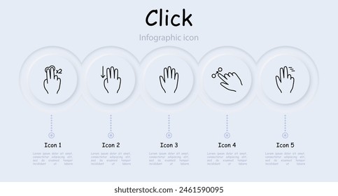 Symbol "Klicken festlegen". Doppeltes Klicken, Handfläche, Hand, Wischen, Objekt bewegen, mit drei Fingern nach unten scrollen, halten, nach oben bewegen, mit drei Fingern kneifen, halten, Infografik, mit drei Fingern verzögern. Gesten Konzept.