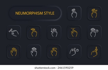 Clicks set icon. Double click, palm, hand, swipe, move object, scroll down with three fingers, hold, move up, pinch with three fingers, hold, delay with three fingers, neomorphism. Gestures concept.